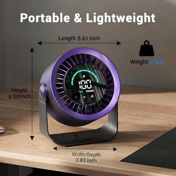 Mini bordventilator. Kompakt, støjsvag og 360° roterende ventilator med LED digitalt display.