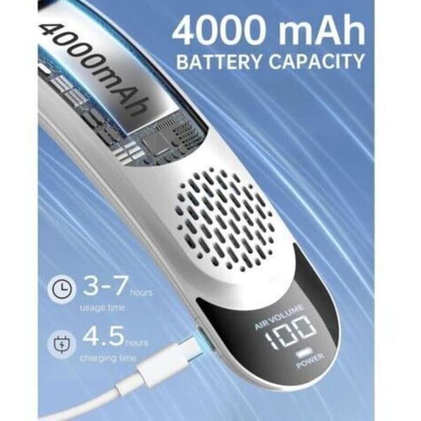 Bärbar nackfläkt med 3 hastigheter. 360° rundstrålande luftflöde. Vit LED-display.