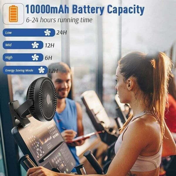 20 cm bærbar USB-blæser, 10.000 mAh. 4 blæserhastigheder. Kraftig luftstrøm. Robust klips - Sort
