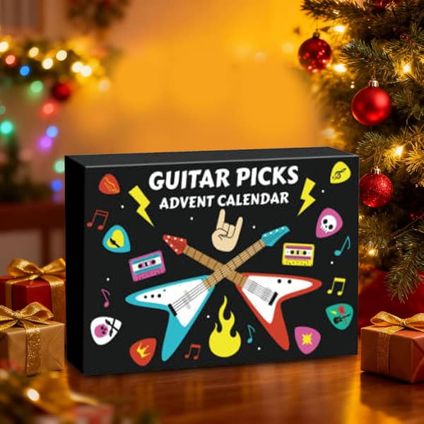 Gitarrplektrum Adventskalender 2026 – 24 Dagar med Celluloid och Träplektrum, Julkalender Perfekt Julklapp för Gitarr, Bas och Ukulele