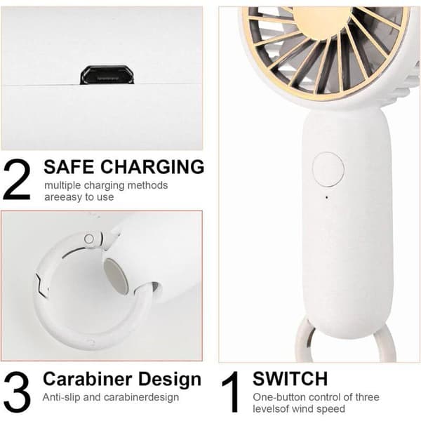 Mini bærbar ventilator. Håndholdt ventilator. Personlig USB-bordventilator. Lommeventilator (hvid)