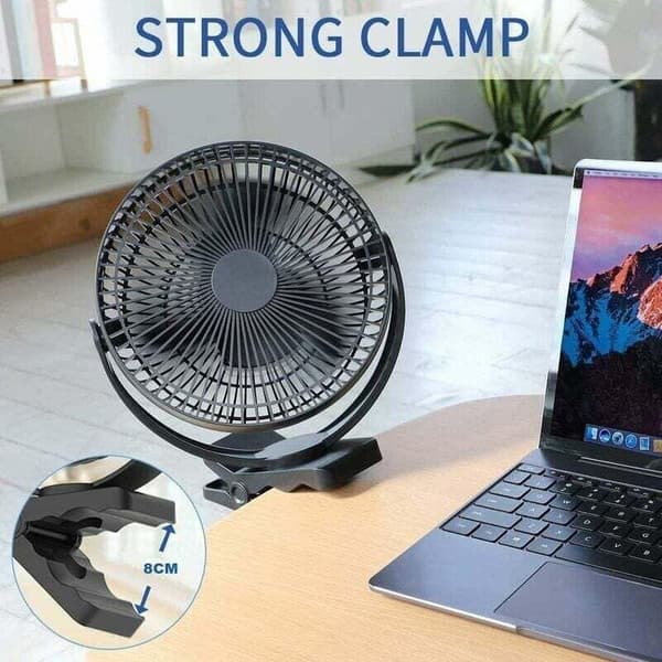 20 cm bærbar USB-blæser, 10.000 mAh. 4 blæserhastigheder. Kraftig luftstrøm. Robust klips - Sort