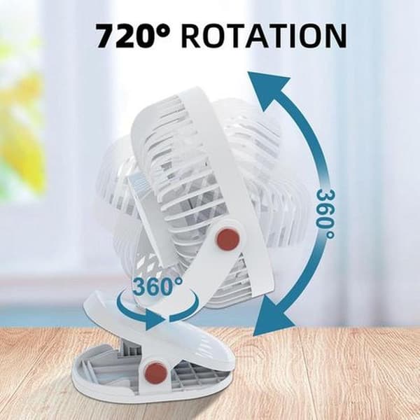 Clip-on blæser (hvid). Mini lydløs USB-blæser. 720° rotation. Genopladelig bærbar blæser.