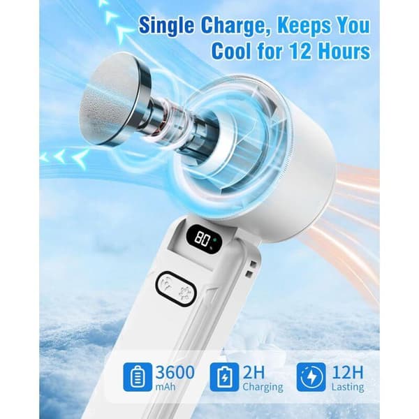 Mini bærbar ventilator. 5 blæserhastigheder, med kølefunktion. USB genopladeligt batteri - hvid.