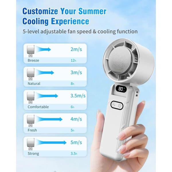 Mini bærbar ventilator. 5 blæserhastigheder, med kølefunktion. USB genopladeligt batteri - hvid.