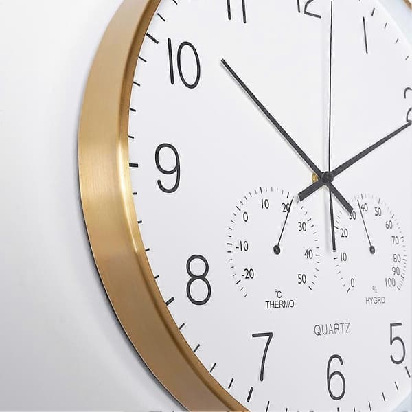 Veggklokke med termometer og hygrometer hvit gull 38 cm