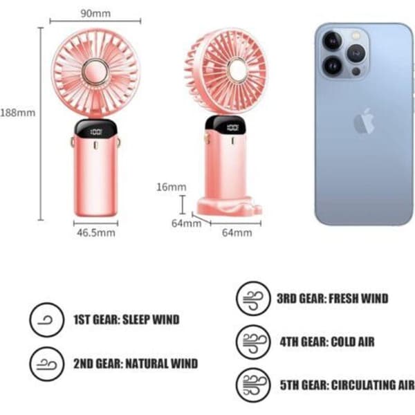 Lille bærbar ventilator. Miniventilator. 5 hastigheder med base. Sammenfoldelig bordventilator (pink)