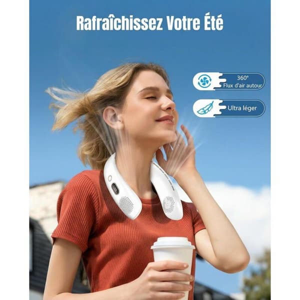 Tre-trins USB-halsventilator med LED-display. Lille bladløs personlig ventilator (hvid).