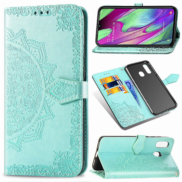 Case för Samsung Galaxy A40 Cover Läder Plånboksfodral Cover Mandala Magnetic Flip Protection Stötsäker - Grön (DPD)