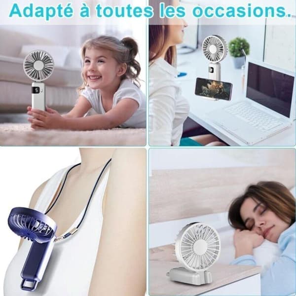 Mini bærbar ventilator - USB-C opladning, 1200 mAh batteri - 5 blæserhastigheder - Cirkulationstilstand - Blå-violet
