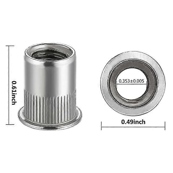 Mutter 100 stk 1/4In-20UNC Rustfritt stål 304 Finish Flat Head Rivnut Gjenget Innsettingsmutter Riflet Kropp