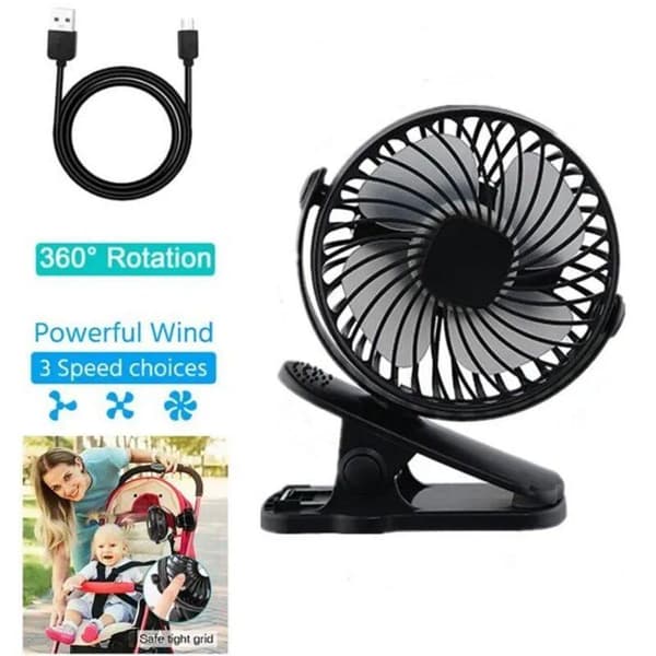 Stille Clip-on Ventilator. USB Genopladelig 360° Bordventilator, Stille Clip-on Ventilator til Barnevogne og Camping