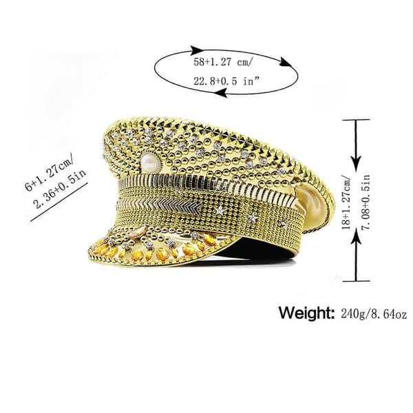 Rhinestone Navy Hat til Dame Bryllup Brud Glitrende Sergeant Hat Nyhed Fødselsdagsfest Hat Kaptajn Hat til Natklub Guld