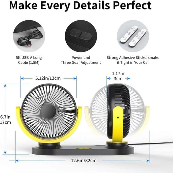 Mini USB blæser med dobbelthoved. 360° rotation. 3 blæserhastigheder. Bærbar blæser - sort og gul.