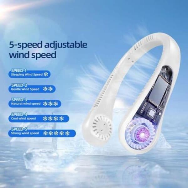Halsventilator. Mini bærbar ventilator. 5 hastigheder. Genopladeligt batteri. USB-ventilator (hvid).