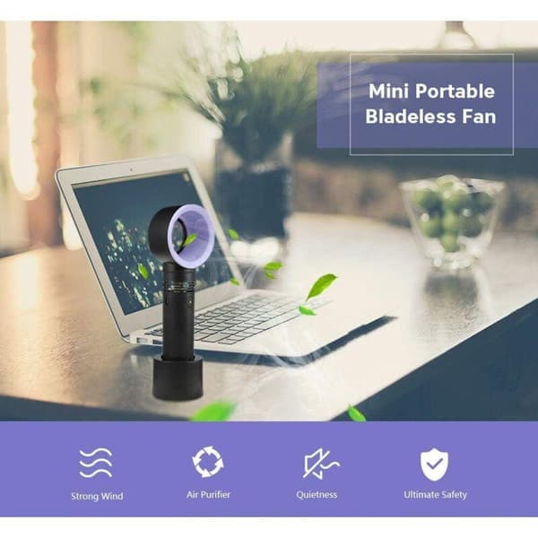 Bærbar USB blæser uden blade. Mini genopladelig lydløs bordventilator med base - sort.