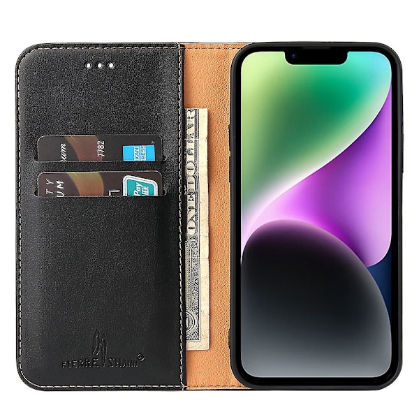FIERRE SHANN Fallskyddande Telefonfodral för iPhone 14, Auto-absorberande Magnetiskt Stängning PU Läder Telefon Plånboksfodral (ZYH) Black