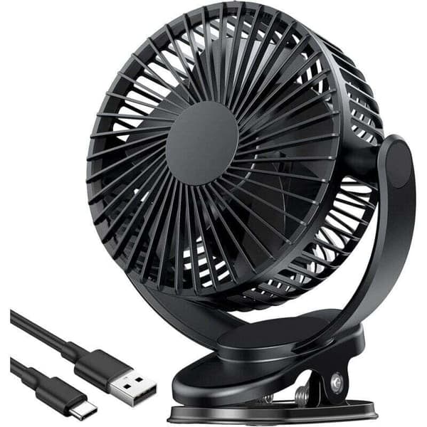 10 cm USB clip-on ventilator med indbygget 5000mAh batteri. Mini bærbar bordventilator. 3 ventilatorhastigheder.
