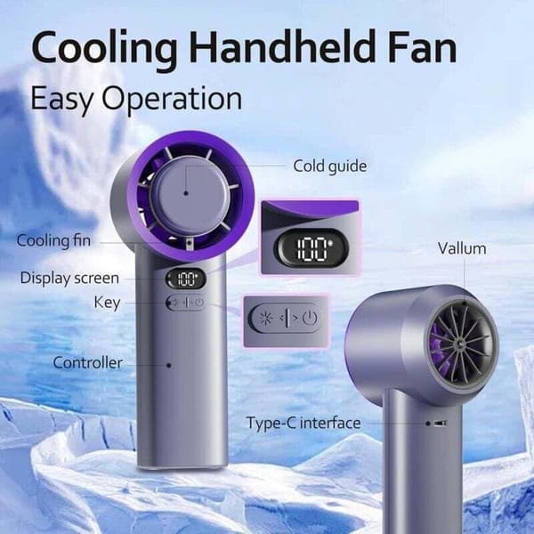 Bærbar ventilator med USB-interface. Lydløs. Minibatteri. Optimal ydeevne. Grå-lilla farve.