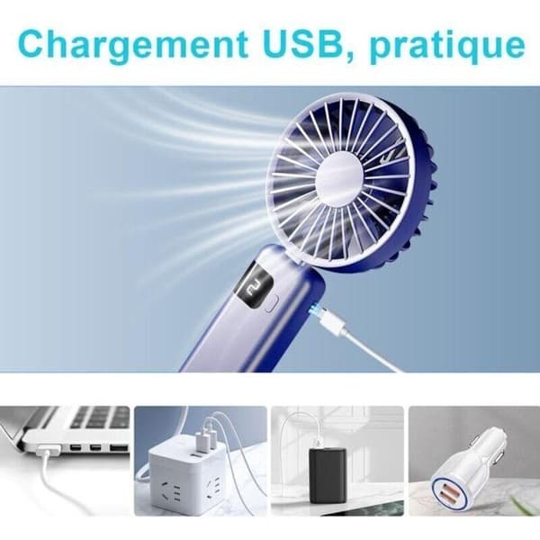 Mini bærbar ventilator - USB-C opladning, 1200 mAh batteri - 5 blæserhastigheder - Cirkulationstilstand - Blå-violet