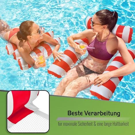 Röd uppblåsbar poolstol med ryggstöd, armstöd och pump ingår.