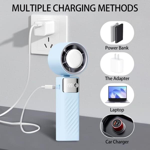 Bærbar ventilator. Mini genopladelig ventilator, 4000 mAh. Kompakt og støjsvag turbineventilator. (1-199 Blå)