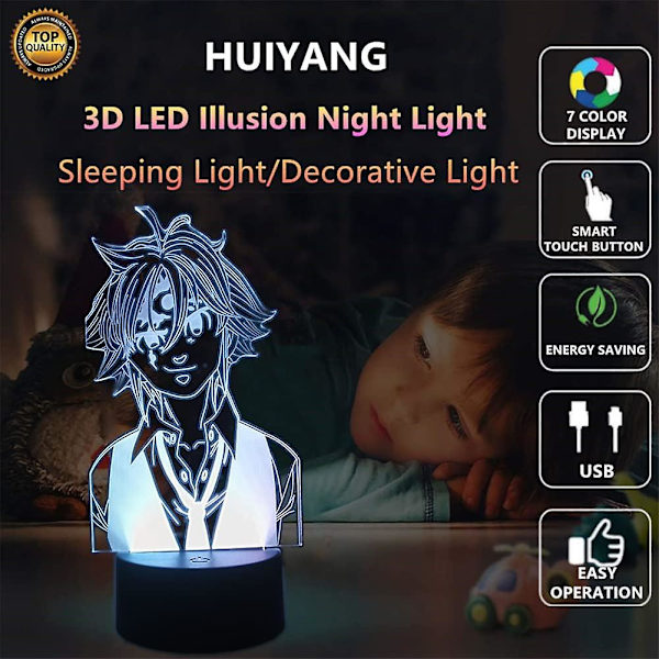 Shen Anime Characters Meliodas 3d Illusion Night Light Led Bordslampa Touch/fjärrkontroll Sovrumsinredningslampa Heminredning Födelsedag (ZYH)