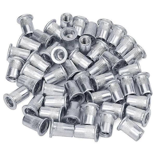 Mutter 100 stk 1/4In-20UNC Rustfritt stål 304 Finish Flat Head Rivnut Gjenget Innsettingsmutter Riflet Kropp