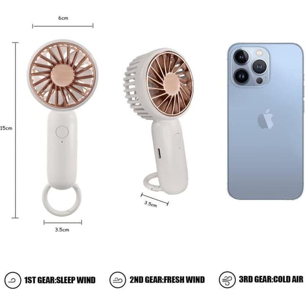 Mini bærbar ventilator. Kompakt og bærbar, tre ventilatorhastigheder, USB genopladelig (blå).