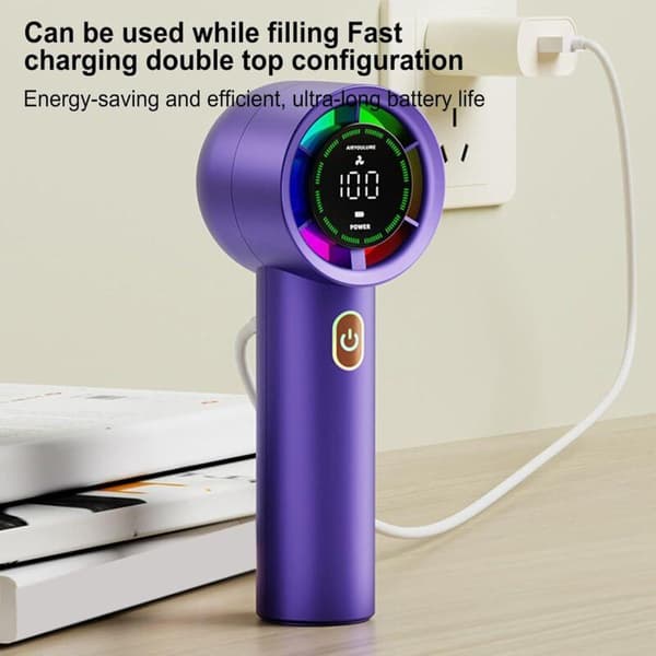 Bærbar turboventilator med justerbart LED-display. Lille genopladelig ABS-luftkøler.