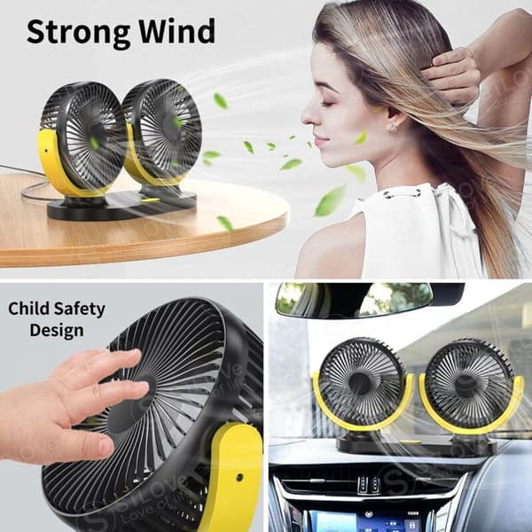Mini USB blæser med dobbelthoved. 360° rotation. 3 blæserhastigheder. Bærbar blæser - sort og gul.