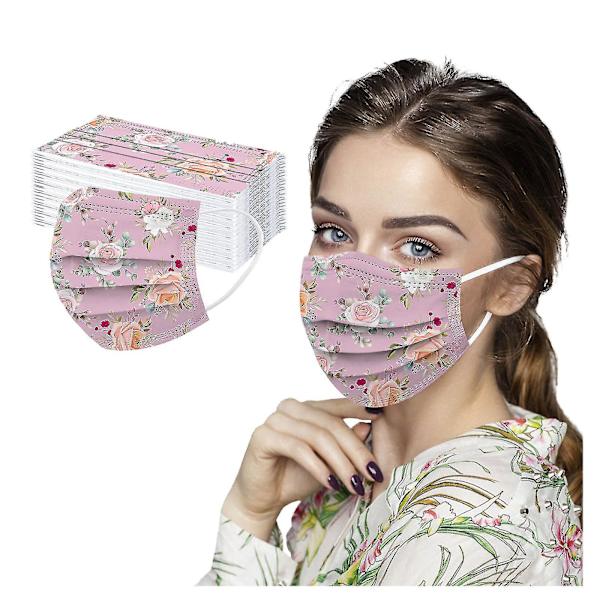 50 st engångsmasker för vuxna, unisex, blommiga, mjuka, 3-lagers