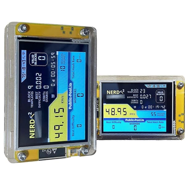 NerdMiner V2 Solo Bitcoin Miner - 49K Hashrate, 2.8\" Display, USB Strøm, Blæserfrit Design jy