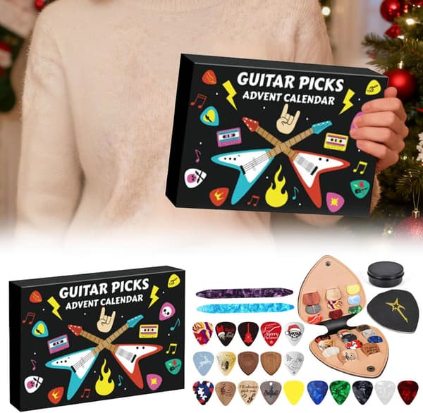 Gitarrplektrum Adventskalender 2026 – 24 Dagar med Celluloid och Träplektrum, Julkalender Perfekt Julklapp för Gitarr, Bas och Ukulele