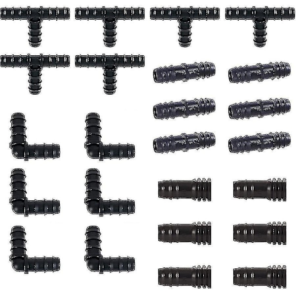 Bevattningskopplingssats för dropprör - 6 T-kopplingar, 6 kopplingar, 6 ändar, 6 armbågar - 16 mm droppspridare (ZYH)