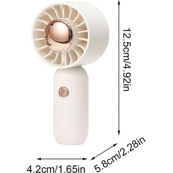 Bærbar ventilator. Mini køleenhed. Dimensioner: 5,8 x 4,2 x 12,5 cm. Kompakt, bladløst design.