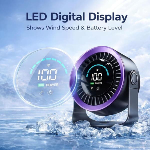 Mini bordventilator. Kompakt, støjsvag og 360° roterende ventilator med LED digitalt display.