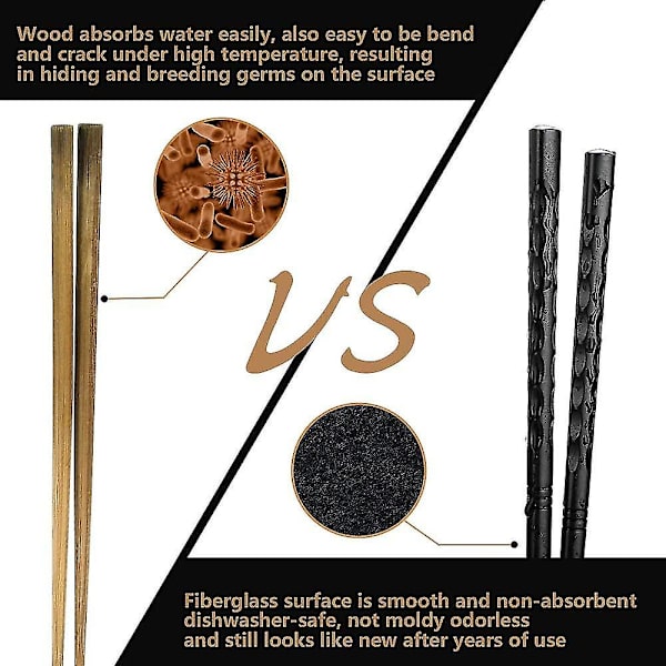 Chopsticks 10 par glasfiber ätpinnar, återanvändbara ätpinnar svart diskmaskin (ZYH)
