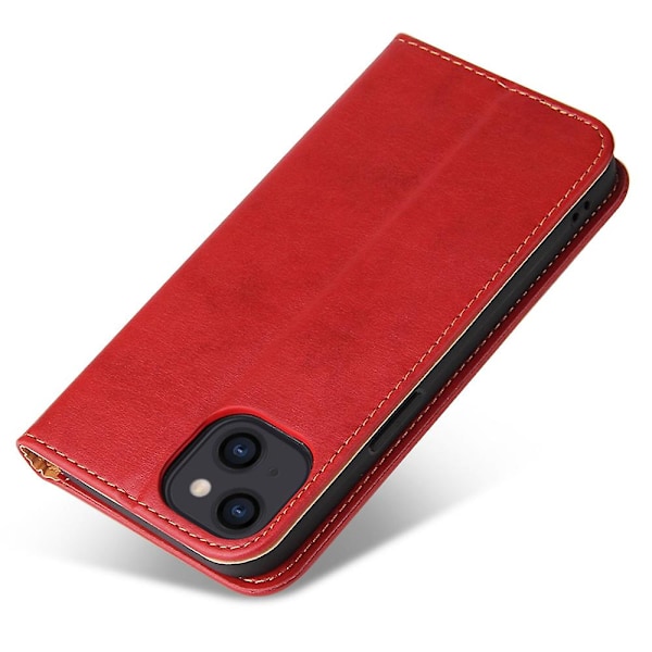 FIERRE SHANN Fallskyddande Telefonfodral för iPhone 14, Auto-absorberande Magnetiskt Stängning PU Läder Telefon Plånboksfodral (ZYH) Red