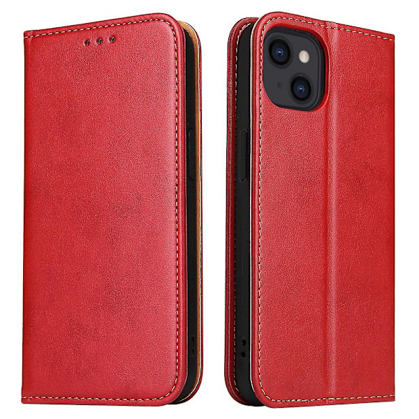 FIERRE SHANN Fallskyddande Telefonfodral för iPhone 14, Auto-absorberande Magnetiskt Stängning PU Läder Telefon Plånboksfodral (ZYH) Red