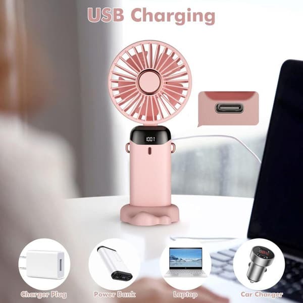 Mini bærbar ventilator, USB genopladelig, 5 blæserhastigheder, leveres med base, foldbar bordventilator.