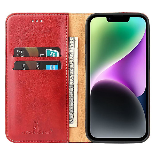 FIERRE SHANN Fallskyddande Telefonfodral för iPhone 14, Auto-absorberande Magnetiskt Stängning PU Läder Telefon Plånboksfodral (ZYH) Red