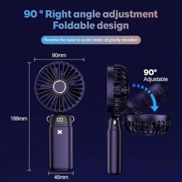 Mini bærbar foldbar ventilator. En kompakt lommeventilator med 6 justerbare blæserhastigheder - mørkeblå.