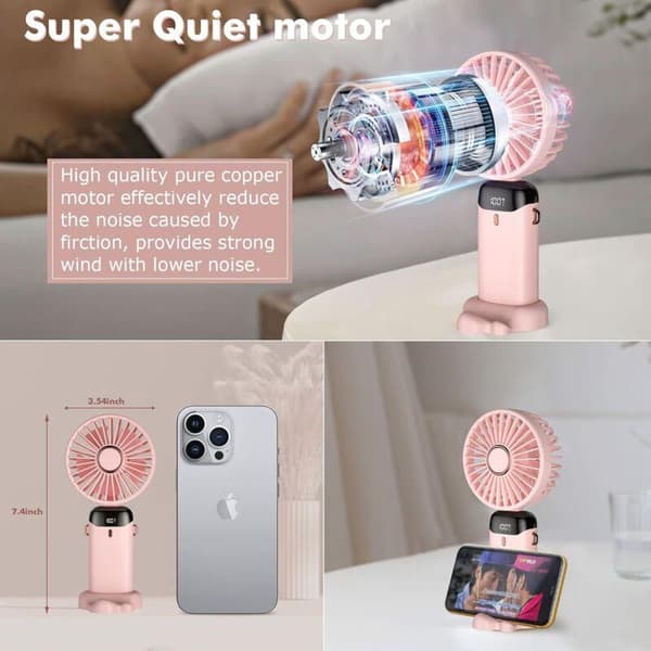 Mini bærbar ventilator, USB genopladelig, 5 blæserhastigheder, leveres med base, foldbar bordventilator.