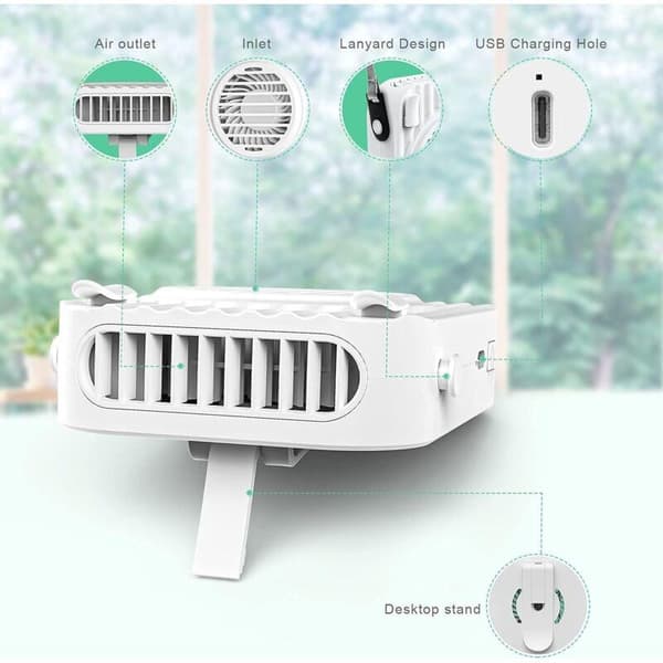 Bærbar halsventilator, genopladelig loftventilator, lille USB-lommeventilator til udendørs brug (hvid)