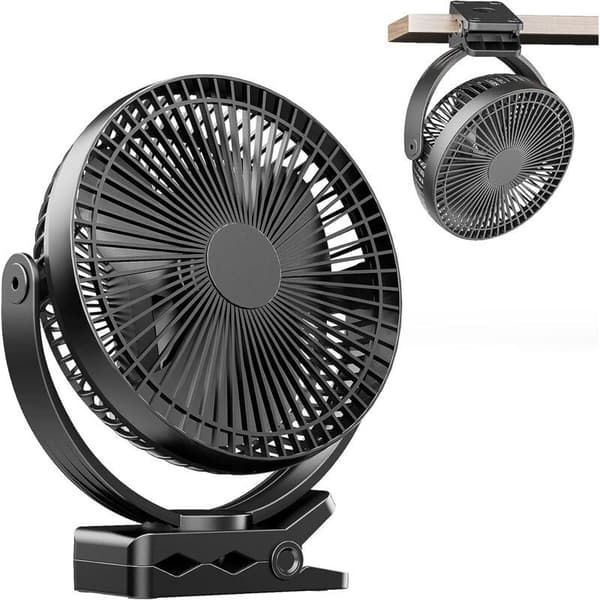 20 cm USB-klemmeventilator, genopladelig, 720° rotation, 4 blæserhastigheder, bærbar - sort