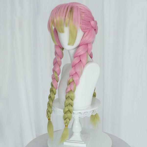 Anime rosa och grön peruk för Mitsuri Cosplay flätat hår peruk med pigtails Halloween Party Peruk + Cap,wz-2055 (FMY) (ZYH)