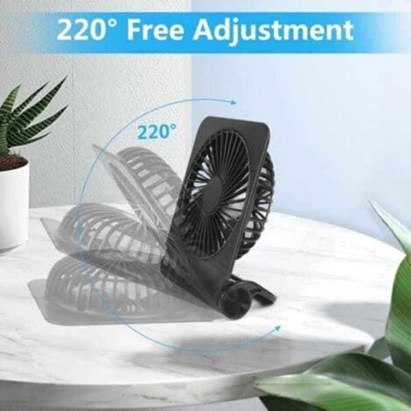 Mini genopladelig ventilator, 4 blæserhastigheder, ultra-stille, justerbar vinkel op til 220°