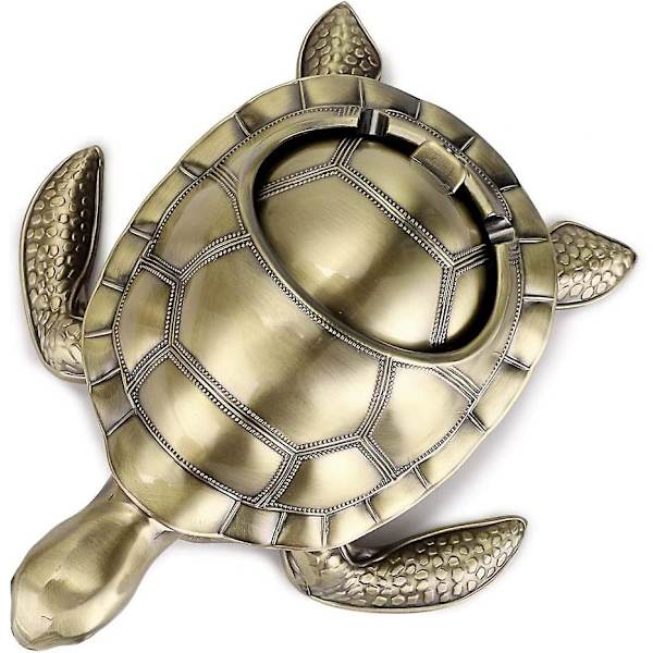 2024 Retro metallsköldpadda askfat med vindtätt lock, inomhus och utomhus (bronsgrön) (ZYH)