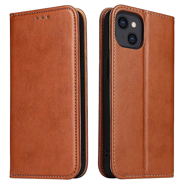 FIERRE SHANN Fallskyddande Telefonfodral för iPhone 14, Auto-absorberande Magnetiskt Stängning PU Läder Telefon Plånboksfodral (ZYH) Brown